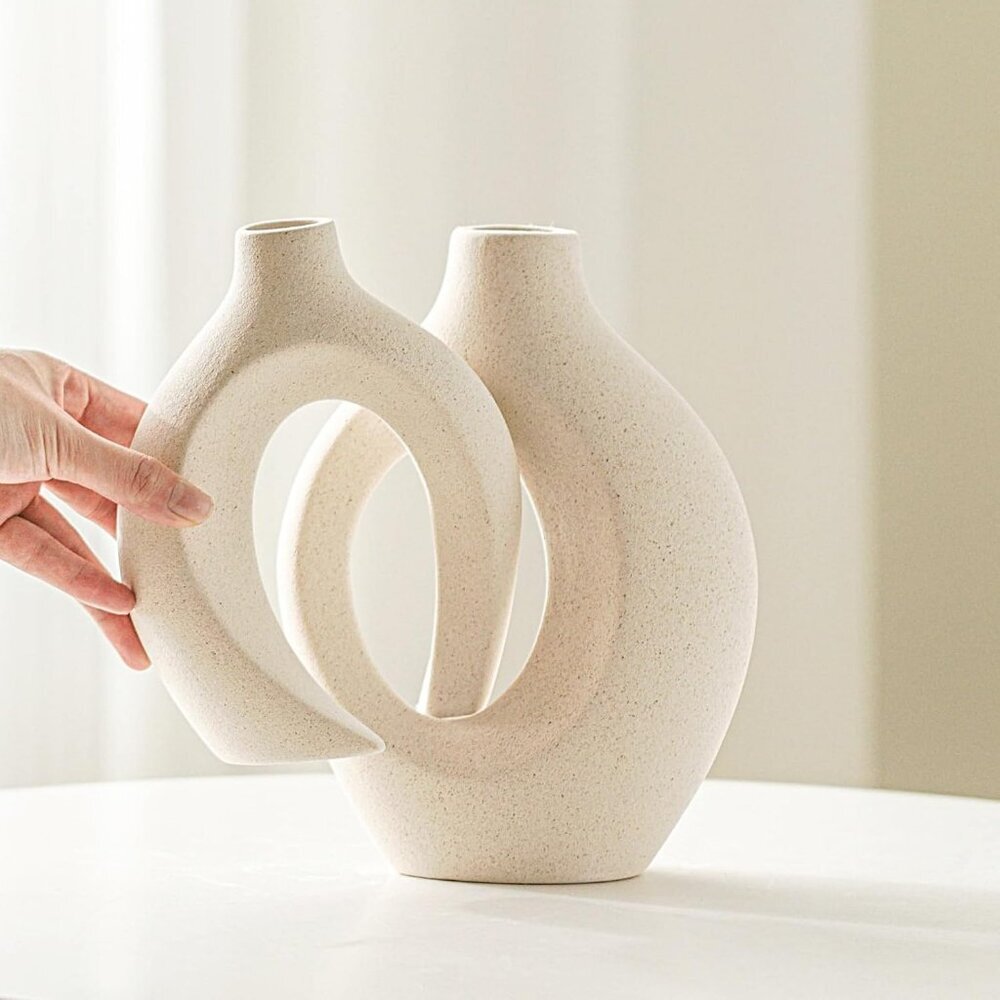 Snuggle Hollow Ceramic Set of 2 Boho ins Style Round Decorative Cream White Vase - Picture 2 of 6